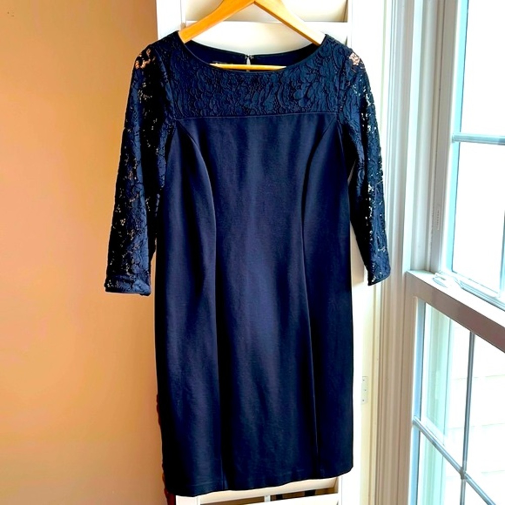 Talbots Lace Sleeves Black Ponte Sleek Dress 6P